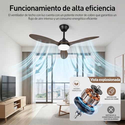 Ventilador de Techo con Luz de 107cm, 42 Inch Ceiling Fan, Color madera negro, Control de aplicaciones móviles con Control Remoto, 6 Velocidades, Luz LED de 3 Colores, 3 Cuchillas, Motor CC Reversible