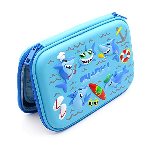 Baby Shark Embossed Hardtop Pencil Case - Cute Boys School Supply Stationery Organizer - Large Capacity Pen Box Pouch Bag for Kids (Light Blue)
