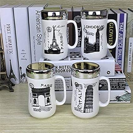 Satyam Kraft Designer Ceramic Coffee Mugs with Mirror Lid -1Pcs 400ml (Random Design)