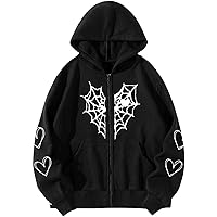 Oversized Y2K Zip Up Hoodie for Women Men Gothic Spider Web Heart