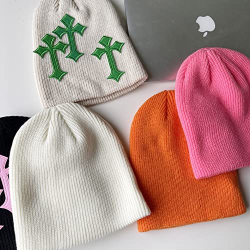 Pooyikoi Y2K Dark Cross Wool Hat Cross Pattern Fashion Loose Pile Hat Slim Knit Hat Cold Hat Autumn and Winter(Black,One Size)