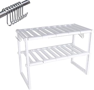 Regal für Unterschrank 26*38*(38 ~ 65) cm, 2 Schichten, mit 8 stk S-Haken verstellbar Spülschrank Badezimmer Küchenregal weiß Küchenregale Küche Standregal Badregal Kunststoff Steckregal Bad