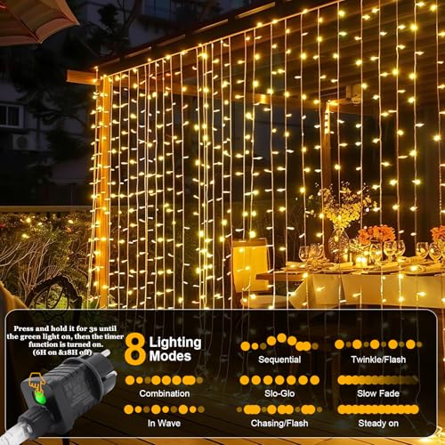 A.bigwhale Curtain Lights Outdoor with Plug, LED Lights Christmas Garlands Luminous 3 x 2 m, 8 Modes Waterfall Light for Indoor Outdoor Wall Decorated Window Wedding Party Birthday Balcony Garden