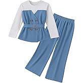 Blue and white colorblock long-sleeved top + blue wide-leg pants 4-8 years old girls spring and autumn two-piece set