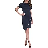Tommy Hilfiger Womens Short Sleeve Studded Asymmetrical Hem Scuba Crepe Sheath Dress