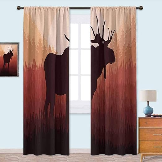 Amazon Com Yuazhoqi Blackout Window Curtain Antlers In Wild Alaska Forest Rusty Abstract Landscape Design Deer Theme Woods Print Drapes For Living Room 52 X 63 Red Brown Home Kitchen
