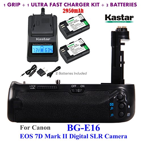 Kastar Pro Multi-Power Vertical Battery Grip (Replacement for BG-E16) + 2x LP-E6 Replacement Batteries + Ultra Fast Charger Kit for Canon Canon EOS 7D Mark II (Not for EOS 7D) Digital SLR Camera