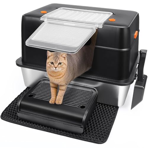 Vivifying Stainless Steel Cat Litter Tray, XXL High-Sided, Removable and Metal Enclosed Stainless Steel Cat Litter Box with Lid with Scoop, Steps and Mat (Black)