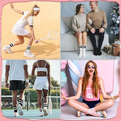 6 paia di calzini da donna 35-38 calzini da tennis in cotone retrò da donna calzini sportivi colorati con motivo a righe Crew Socks per donna ragazza tennis sport, Bianco/Nero/Rosa, 35-38