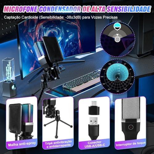 Microfone de Mesa, Microfone USB para PC com Suporte, Streaming, Podcasts, Gravação, para Computador no Mac/PS4/PS5, Microfone Gamer