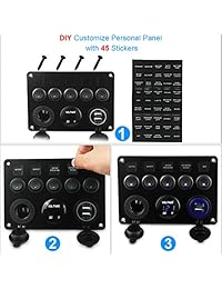 WATERWICH   Interruptor basculante de encendido con 5 interruptores, impermeable, con voltímetro digital de 4,2 A, doble puerto USB para encendedor de cigarrillos para RV, coche, barco, vehículos, camión, remolque, yate, Azul