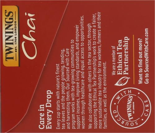 TWININGS CHAI BLACK TEA INDIVIDUALLY WRAPPED BAGS, 20 COUNT (PACK OF 1), SWEET, SAVOURY SPICES, CAFFEINATED, ENJOY HOT OR ICED, 20 TEABAGS