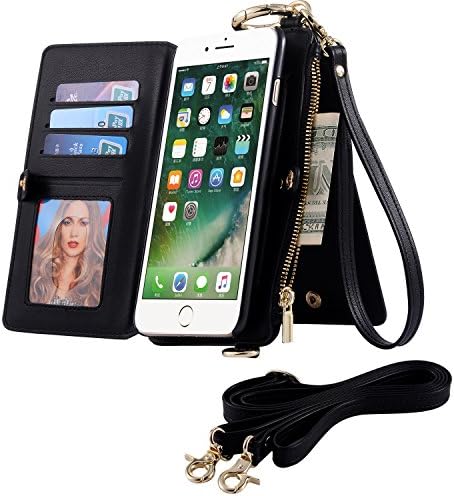 iPhone 7 Plus Case,Multi-function Leather Wallet Case With Hand Strap and Long Shoulder Strap,Detachable Card Holder and Kickstand Hard PC Back Cover For iPhone 7 5.5 inch (Black)