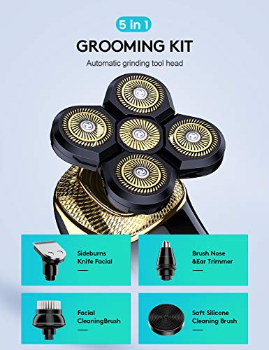 Everfun Electric Razor for Men Bald Head Shavers 5 in 1 Grooming Kit Cordless Rechargeable Beard Trimmer Nose Hair Clippers Shaving Kit Waterproof Rotary Shaver LED Display