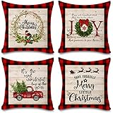 Faromily Buffalo Plaid Christmas Pillow Covers Farmhouse Decorative Cotton Linen Throw Pillow Cases 18 x 18 Inch Set of 4 Christmas Decoration