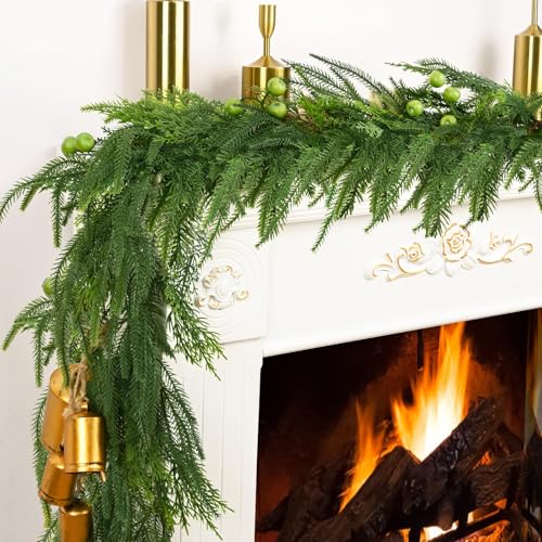 Photo 1 of 12 FT Real Touch Norfolk Pine Garland, Cedar Garland Realistic, Christmas Garland with Lights for Mantle Table Staires Railing Indoor Outdoor Christmas Decor