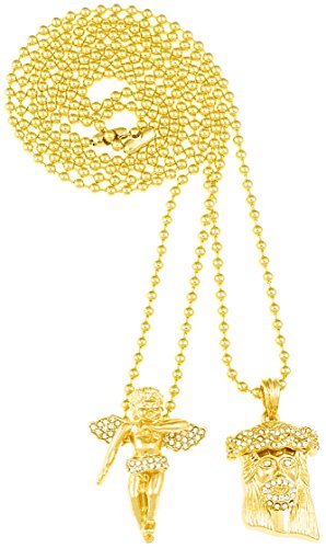 Jesus Angel Two Necklace Set New Iced Out Crowned Mini Jesus And Angel Gold Color Pendants
