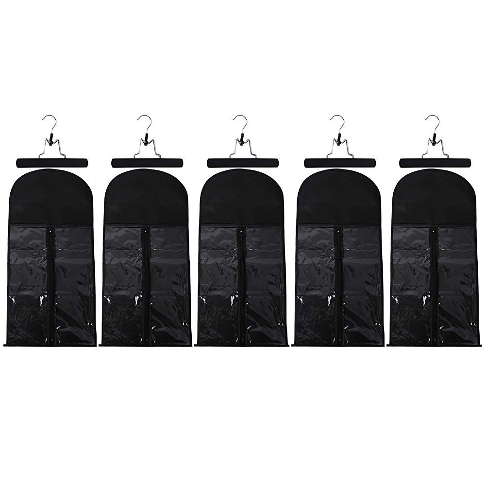 10 Pieces Wig Storage Bag with Hanger, Holder Case Protector with wooden Hanger,Dustproof Wig Stand Storage Bag Non-woven Hair Extension Storage Dust Proof Bag (5*Black Wig Bag+5*Black Hanger)
