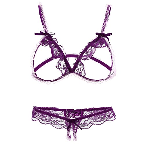 FUNOC Women's Sexy Lace Lingerie Open Cup Crotchless Babydoll Bodysuit Sets