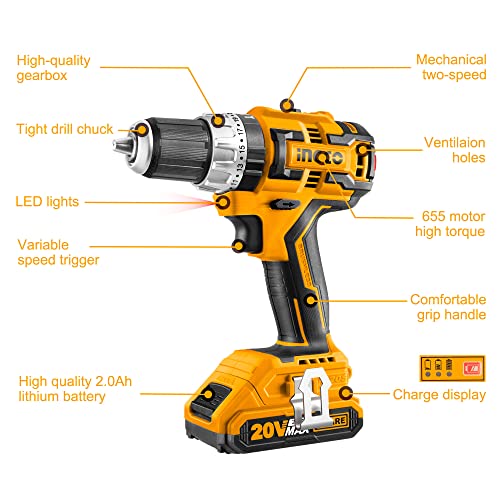 INGCO 20V Cordless Impact Drill Set, Power Electric Drill Tools