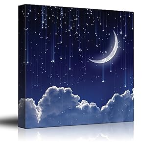 Crescent Moon with Bright Falling Stars Above The Clouds - Canvas Art Home Art - 12x12 inches