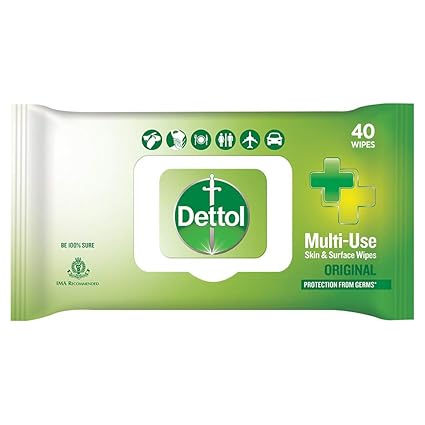 Dettol Disinfectant Skin & Surface Wipes, Original-40 Count| Safe on Skin| Ideal to Clean Multiple Surfaces| Resealable lock-lid