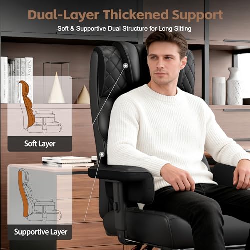 Vonesse Big and Tall Office Chair, Gaming Chair with Soft Adjustable Armrests, Ergonomic High Back Desk Chair with Lumbar Support, Executive Computer Chairs with Footrest (PU Leather, Black)