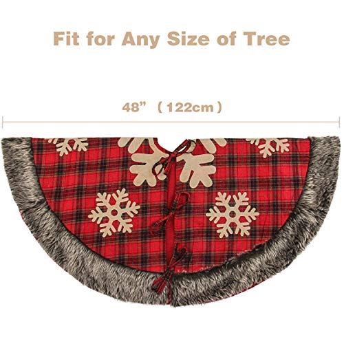 Aiduy Christmas Tree Skirt, 48 Inch Large Xmas Tree Skirt, Burlap Buffalo Plaid Christmas Tree Skirt with Thick Faux Fur Snowflake
