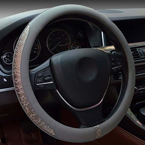 XuanMax Universal Snake Grain Microfiber Leather Car Steering Wheel Cover Vehicle Anti Slip Steering Wheel Sleeve Protector Breathable Steering Wheel Wrap Stitching Auto Steering Wheel Glove 38cm - Gray