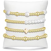 BOMAIL Gold Beaded Bracelets for Women Trendy Non Tarnish Gold Bracelet Stack 14K Gold Plated Pearl Bead Bracelets Cross Bracelets Set Stackable Stretch Beads Bracelet