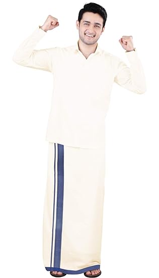 Men's Pure Cotton Double Dhoti(107_White With Colour Border_4m)
