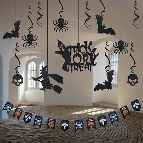 Halloween Ceiling Hanging Decoration Chandelier Swirl Kit Banner, Trick or Treat Party Supplies Photo Props, Glitter Bat Witch Crow Spider Skull Scary Pumpkin Ghost Set for Birthday Bars Haunted House