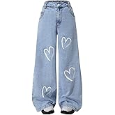 Nivne Tco Jeans for Girls, Vintage High Waist Heart Print Wide Leg Loose Fit Denim Pants with Pocket, Cute Casual Trousers