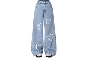 Nivne Tco Jeans for Girls, Vintage High Waist Heart Print Wide Leg Loose Fit Denim Pants with Pocket, Cute Casual Trousers