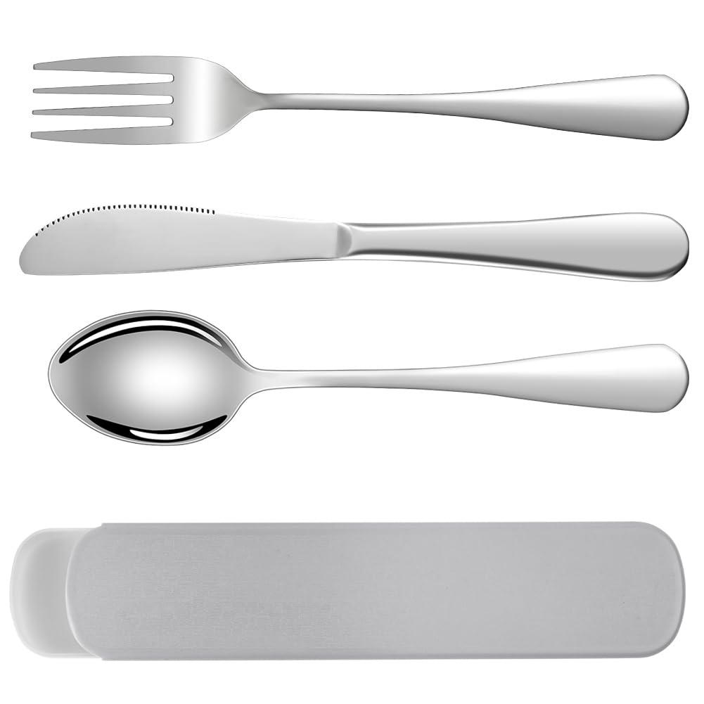 HOTUT 3 Pcs Travel Cutlery Set, Cutlery Set with Portable Pouch Case, Stainless Steel Flatware, Reusable, Portable Utensils for Home Outdoor Travel Picnic Office School Lunch Box, Grey