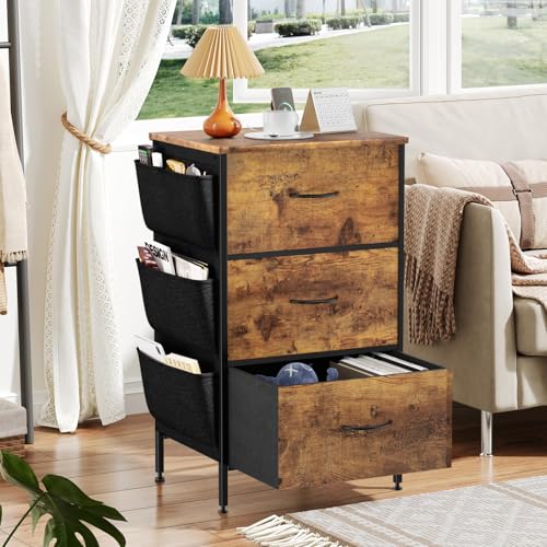 FURRIFIC Cómoda Gran Capacidad de 3 Cajones,70 * 40 * 29cm,Marrón | Cajonera para Recamara,Ropa,Hogar Y Oficina,Organizador Cajonera de Estructura Metal con Cajones de Tela
