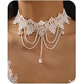 Lace Choker Necklace for Women White Black Tassel Pendant Choker Necklaces Elegant Boho Collar Necklaces Statement Artistic Chain Necklace with Pearl Halloween Party Cosplay Costume Jewelry