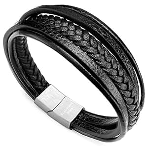 bracelet leather bracelets engraved jewelry clasp cowhide mens braided silver dad magnetic layer multi