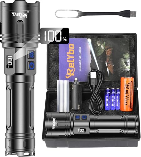 Relybo Taschenlampe Led Aufladbar 500,000 Lumen, Led Taschenlampe Extrem Hell Xhm90.2 Batteriebetrieben Usb, Starke Taktische Taschenlampe, 2 Schalter Stufenlos Dimmbar Flashlight For Outdoor Notfälle