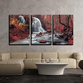 3 Piece Canvas Wall Art - Beautiful Waterfall in Autumn Forest. Silver Stream Waterfall. Autumn Forest in Crimea - Modern Home Art Stretched and Framed Ready to Hang - 16"x24"x3 Panels