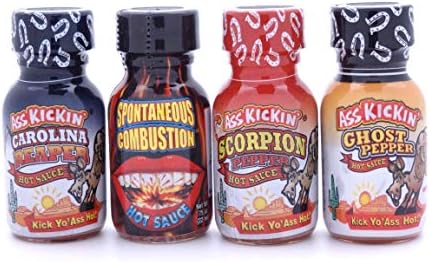 Super Spicy Hot Sauce Gift Set - 4 Mini Bottles (22ml each) in Burlap Bag - Habanero Pepper Ghost Pepper Scorpion Pepper and Carolina Reaper