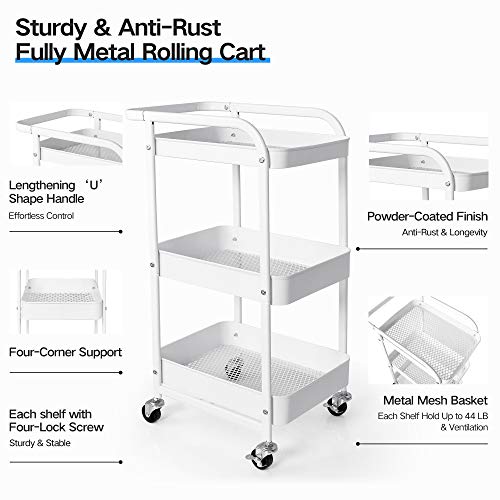 YOHOM 3 Tier Metal Rolling Cart Storage Shelves Mesh Utility Trolley Cart with Wheels Handle Craft Art Carts Organizer for Bathroom Kitchen Office Laundry Classroom White