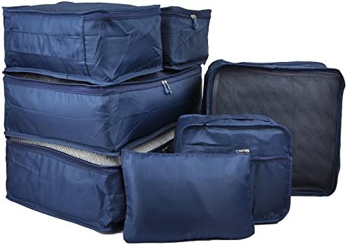 7 Set Travel Packing Organizer,Waterproof Mesh Durable Luggage Travel Cubes,1 Shoe Bag (Navy Blue-A)