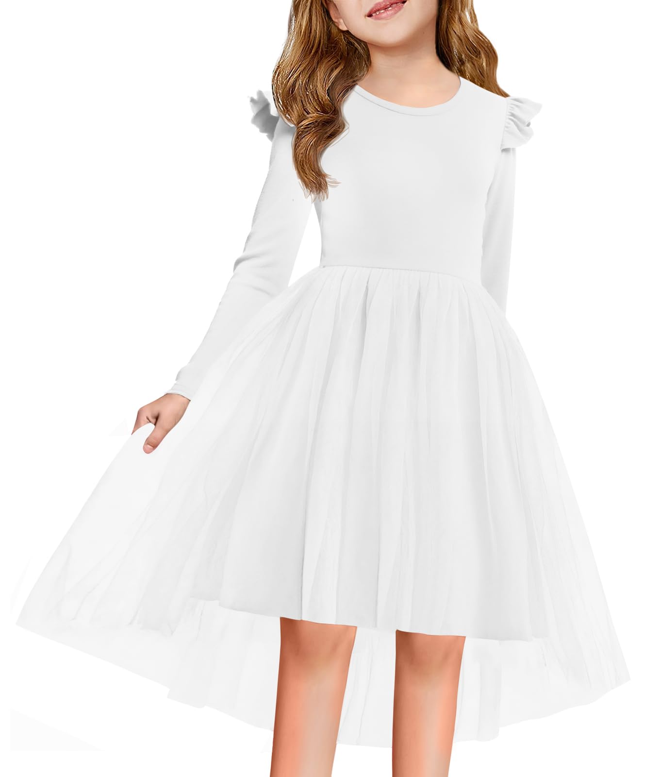 Photo 1 of Haloumoning Girls Tutu Dresses Kids Cute Tulle Fall Ruffle Long Sleeve High Low Hem Dress 5-14 Years White