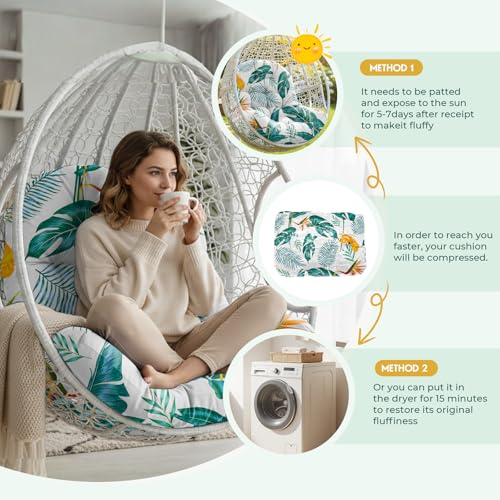 joomie Egg Swing Chair Cushion Replacement Waterproof 120x84x18 cm Thicken Outdoor Patio Hanging Basket Chair Cushions Removable Pad with Ties for Garden Cocoon Egg Hammock Chair, Yellow-Green Leaf