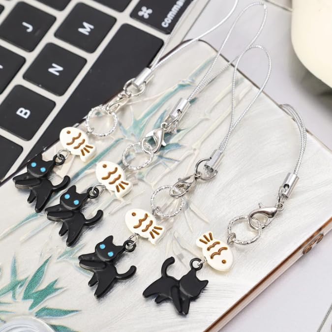 Black Cat Phone Charm Cute Kawaii Cat Fish Phone Bag Charm Accessories