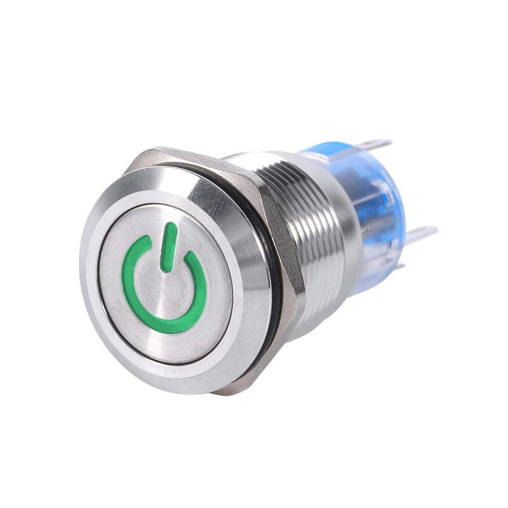 LED Button Switch, Car Switch, 19mm 12V, Waterproof, Dust-proof, Stainless Steel, 1NO 1NC, Green, For Cars, Motorcycles, Boats, Industrial Equipment