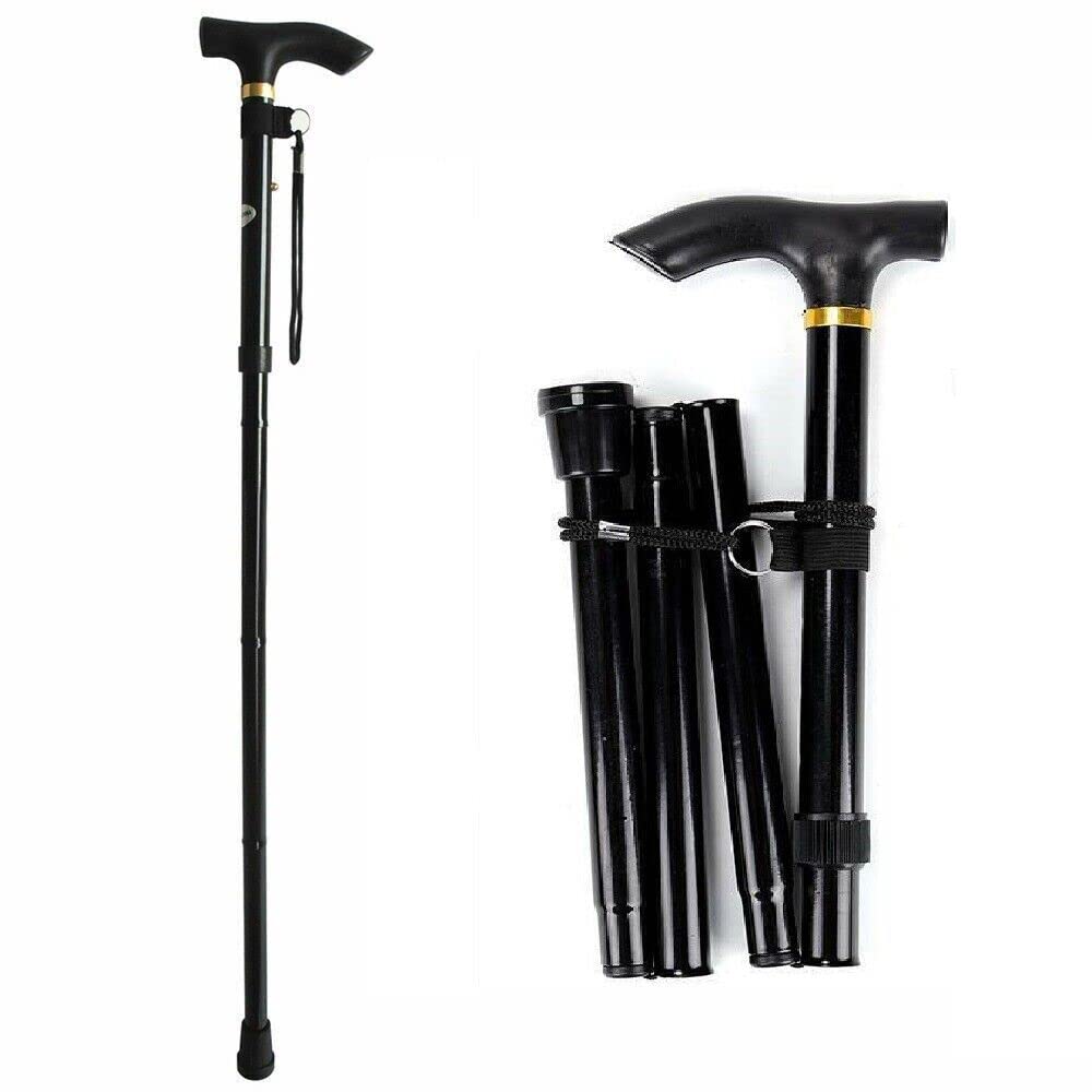 Folding Walking Cane With Adjustable Walking Stick 4 Anti-Slip Quad Cane Aluminum Alloy Walking Cane Climbing Stick with Handle for Old Man and Women (Black)