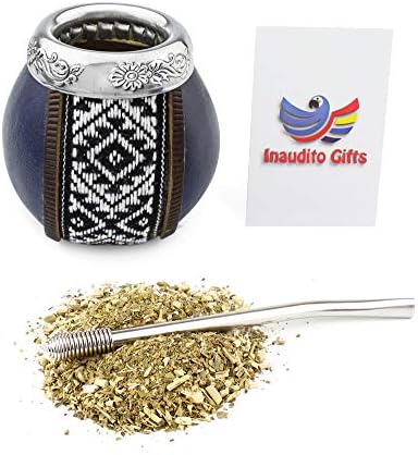 Yerba Mate Kit. Handmade mate gourd (not cured) and straw (bombilla) to drink Yerba Mate. Leather Edition. Family size (Navy Blue)