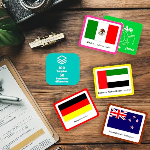 Menique. Juego de Memoria de Banderas del Mundo. 50 Pares de países. Bandera, país y Capital